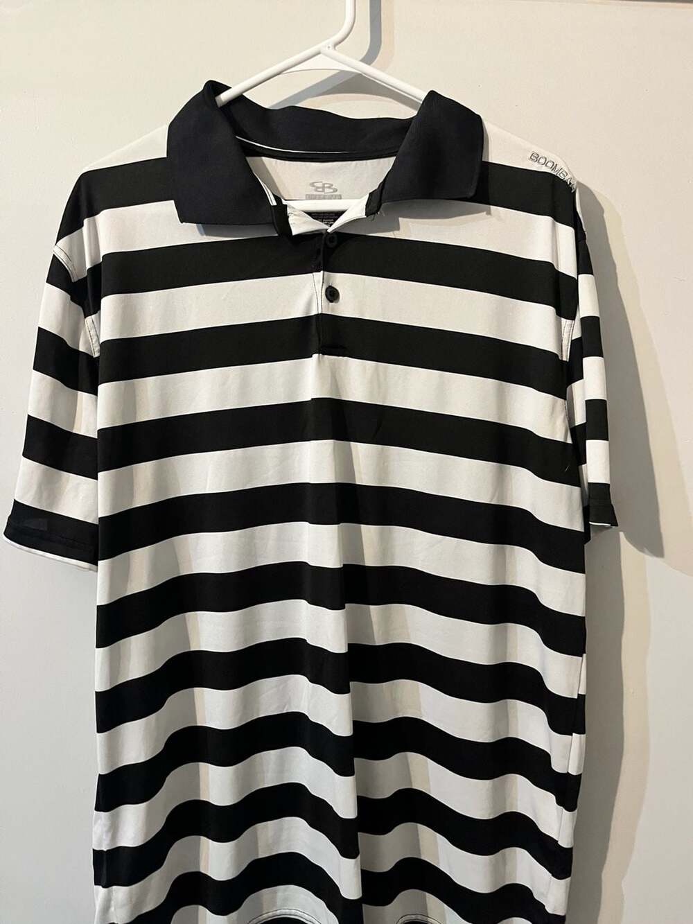 009-0063 Boombah Men's Black and White Striped Loose Fit Short Sleeve Polo Shirt